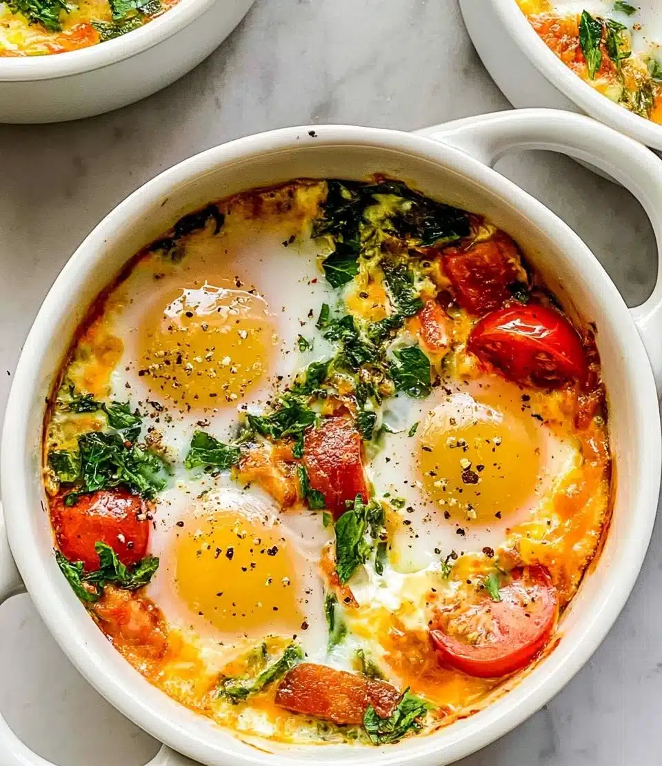 Baked feta eggs served in a dish with fresh herbs and spices