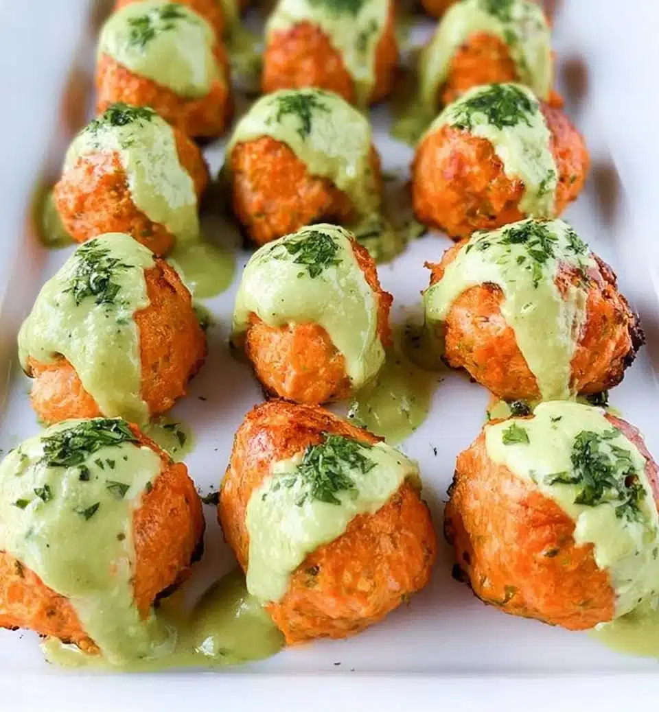 Baked Salmon Meatballs with Avocado Sauce