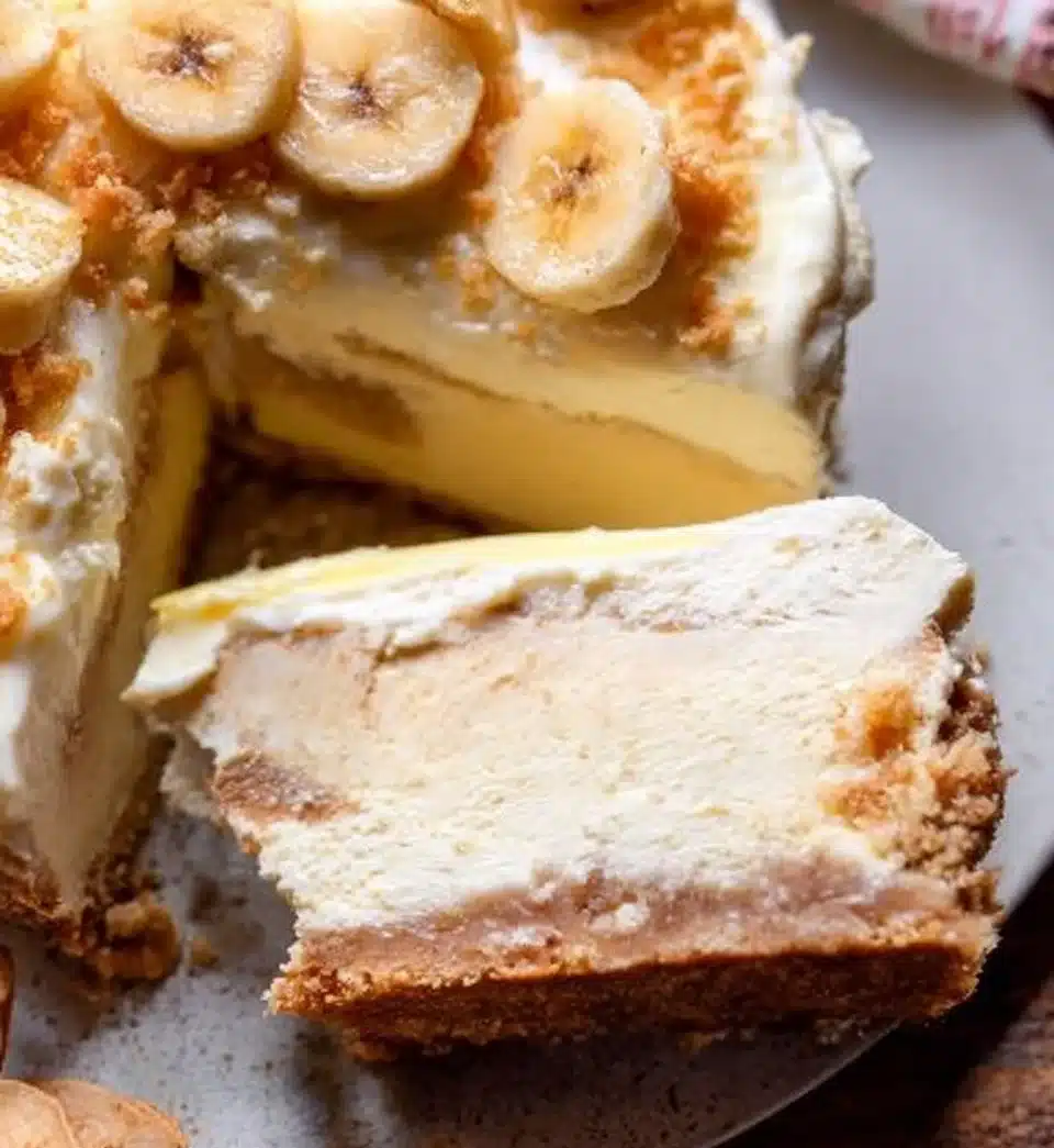 Delicious homemade banana cheesecake topped with banana slices