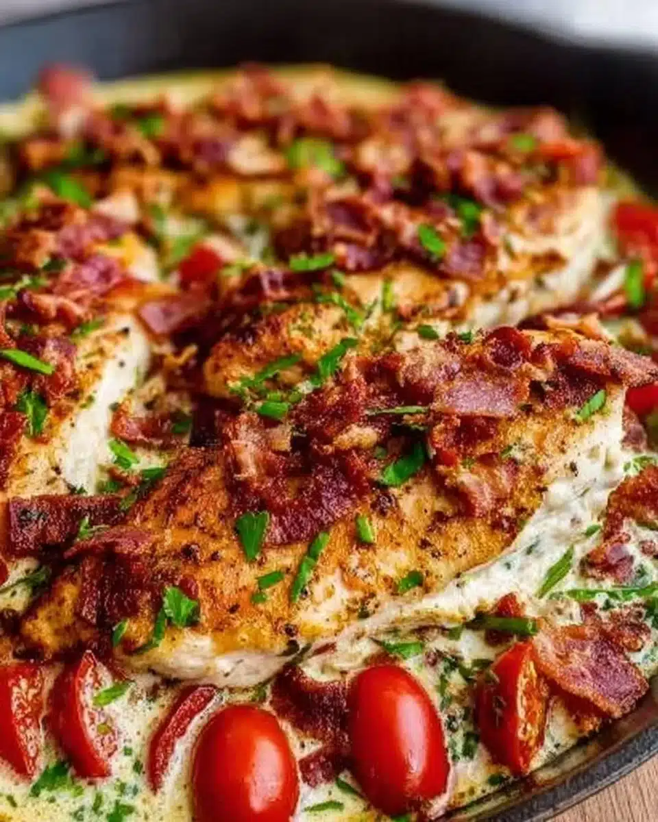 BLT Chicken sandwich with crispy bacon, lettuce, and tomatoes on a plate
