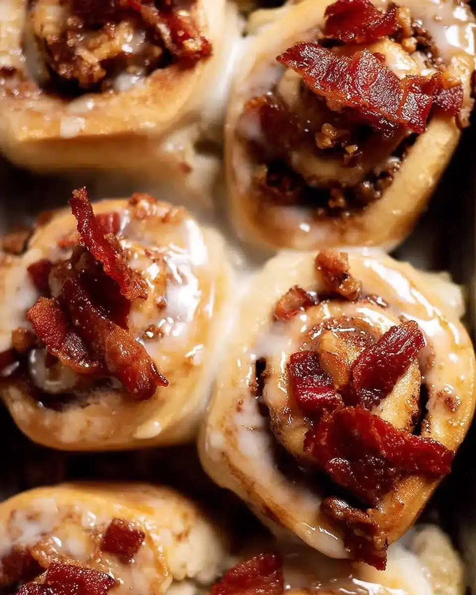 Delicious Bourbon Maple Bacon Cinnamon Rolls topped with a sweet glaze.