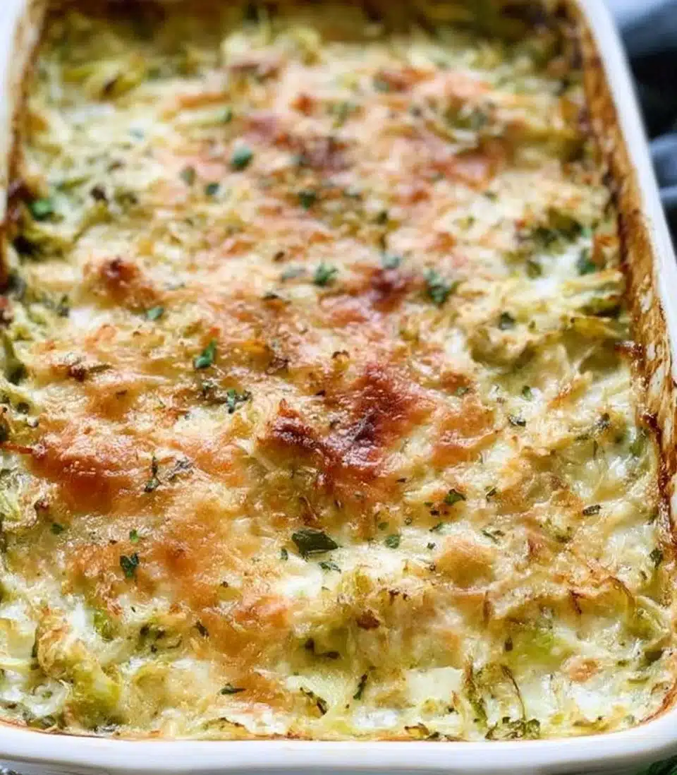Creamy Brussels Sprouts Gratin topped with Gruyere cheese