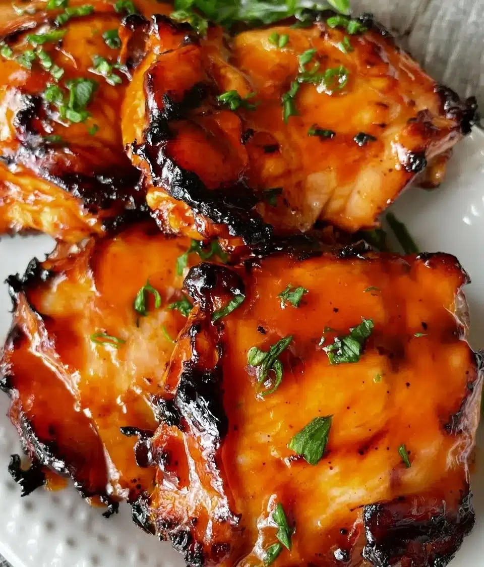 Buffalo Chicken Thighs plated with sauce and garnished