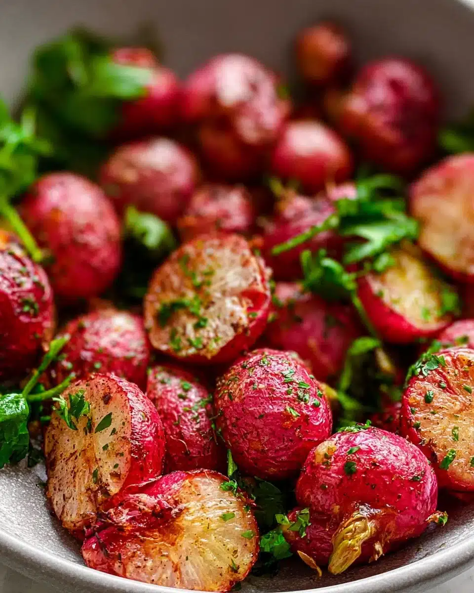 Plate of butter roasted radishes garnished with fresh herbs