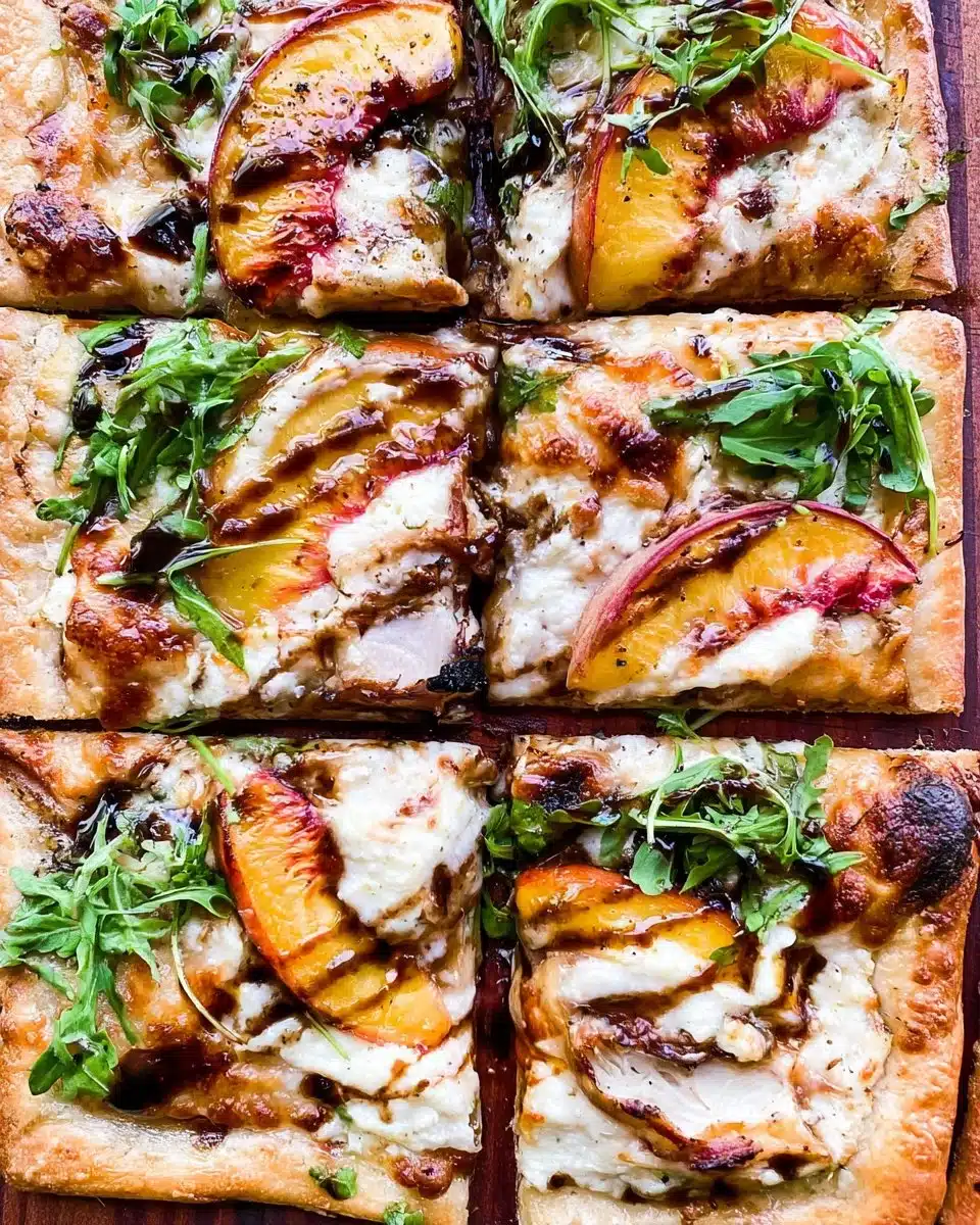 Chicken Peach Ricotta Pizza topped with fresh ingredients and melted cheese