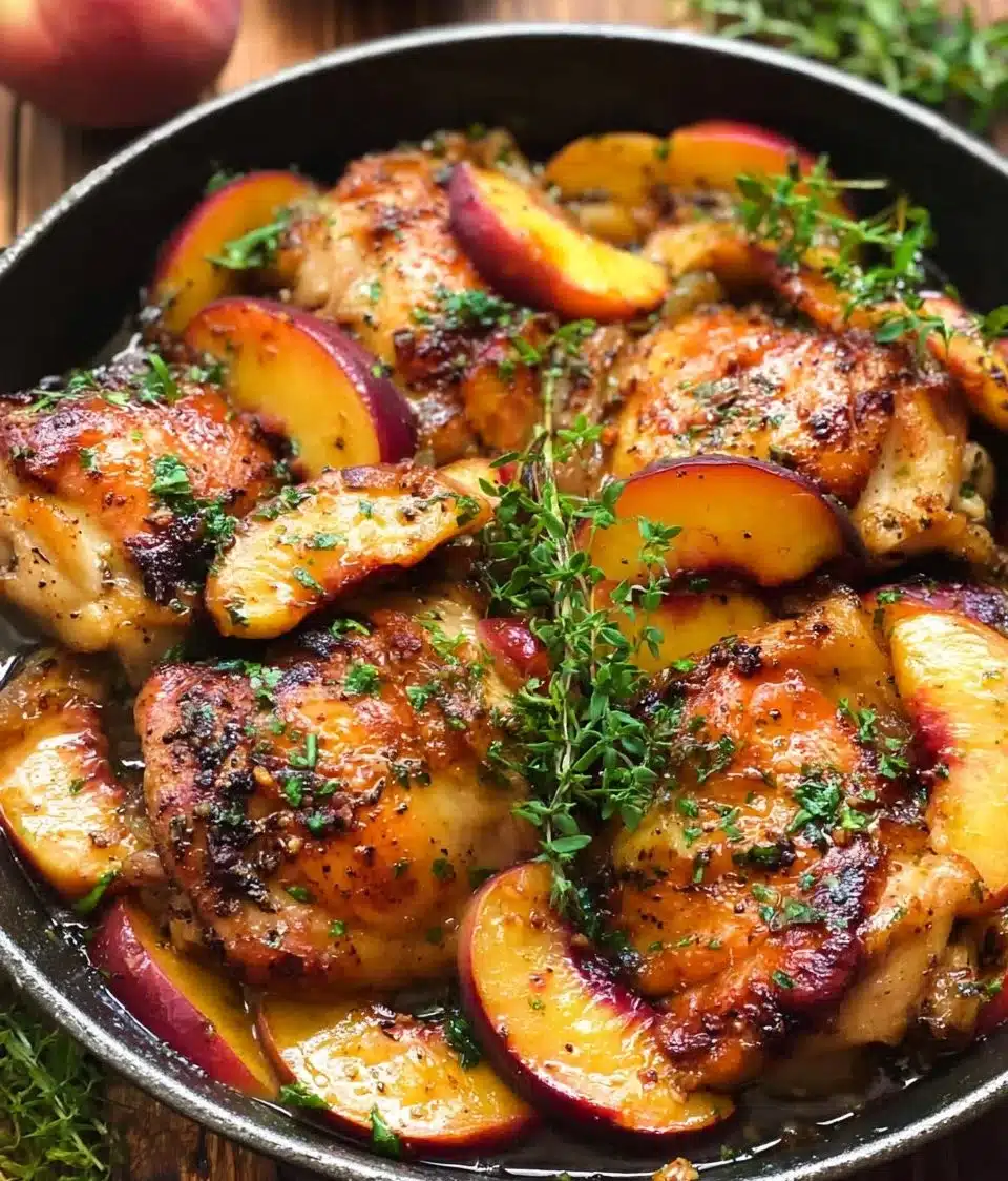 Delicious Chicken With Peaches dish garnished with fresh herbs