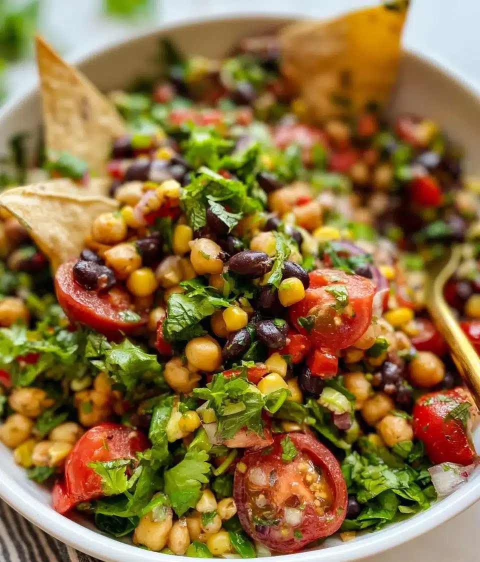 Chickpea Black Bean Salad with fresh vegetables and dressing