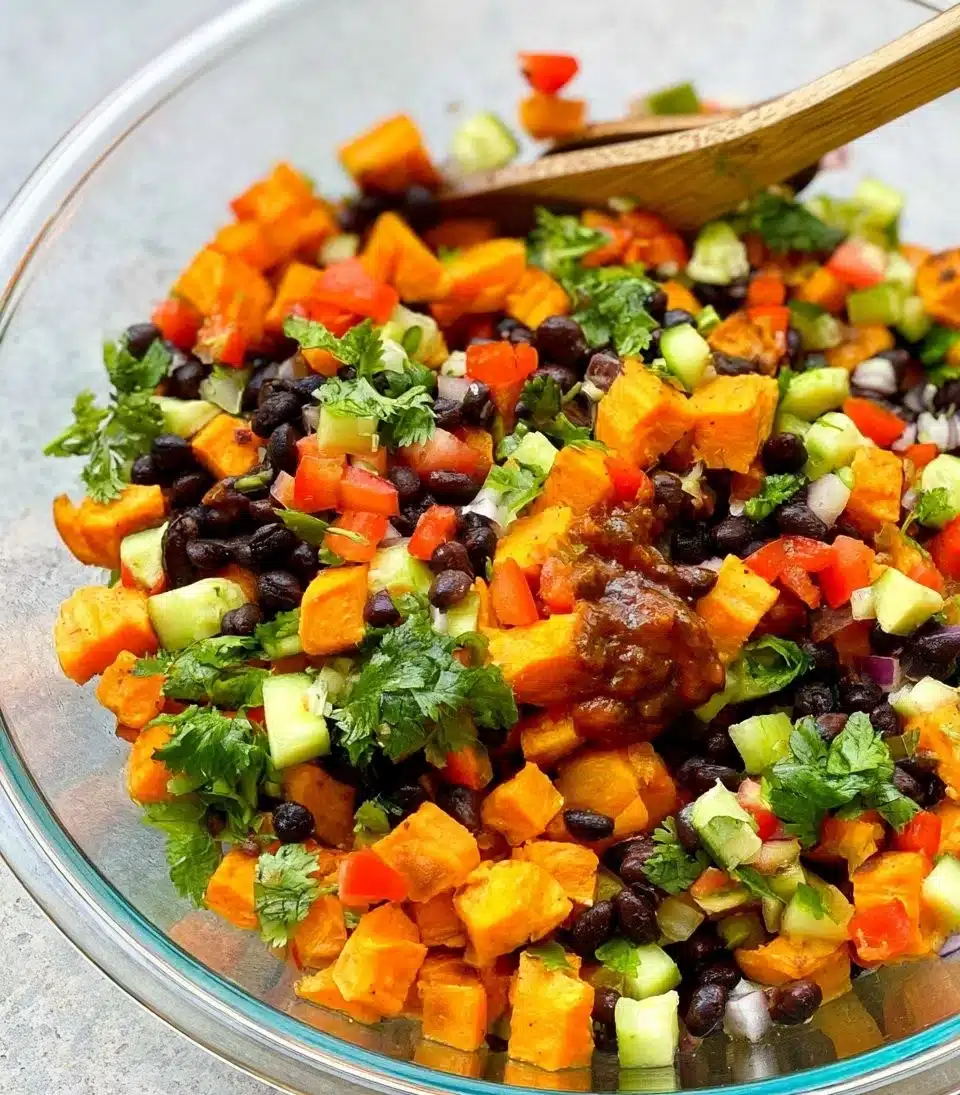 Chipotle Sweet Potato and Black Bean Salad in a bowl, garnished with cilantro.