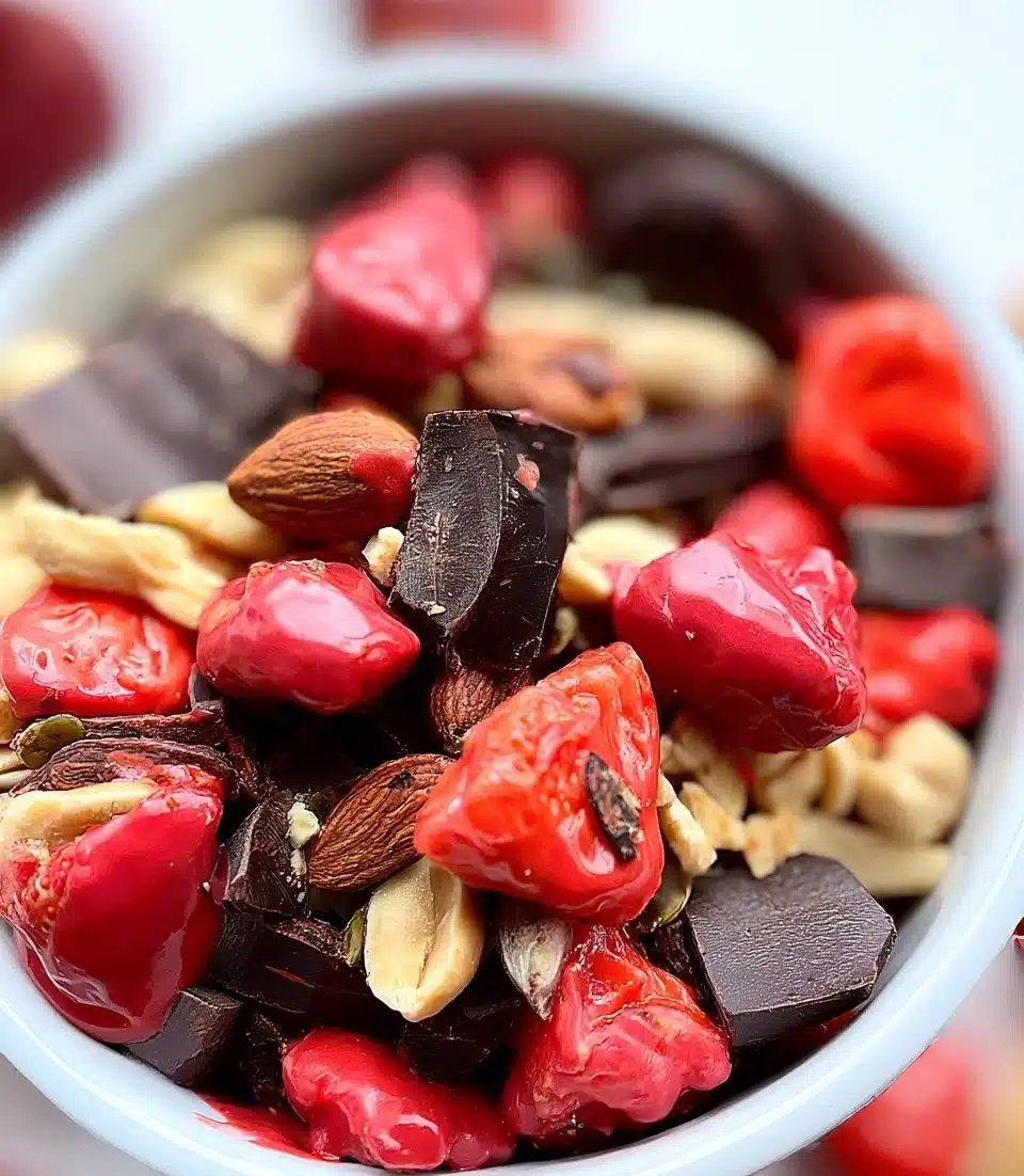 Chocolate-covered strawberry trail mix in a bowl