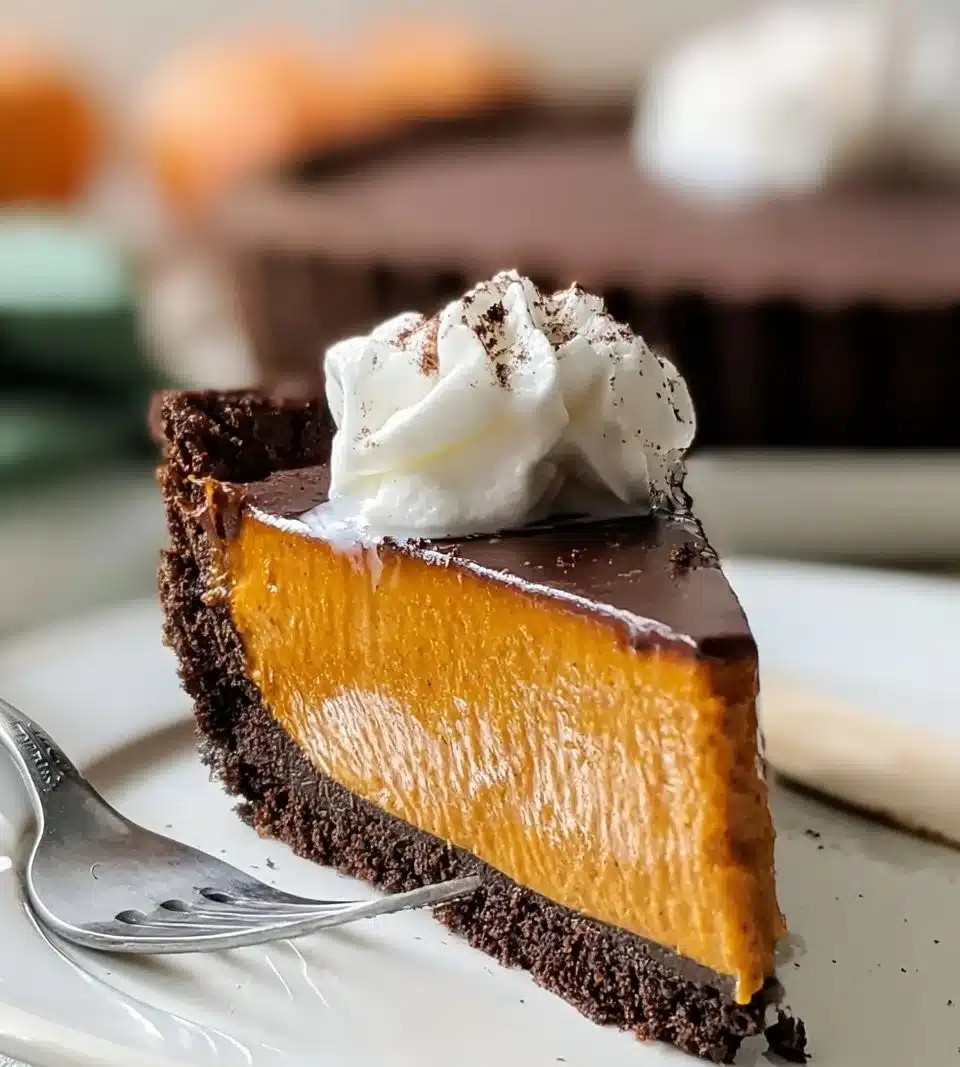 Decadent Chocolate Pumpkin Tart topped with whipped cream and cocoa powder.