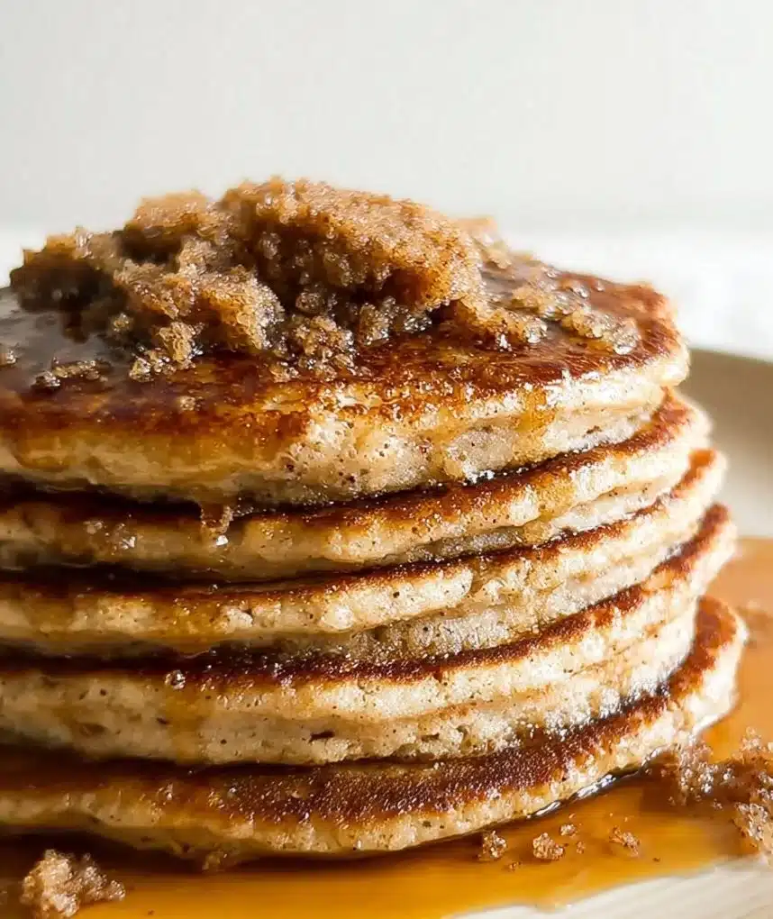 Fluffy cinnamon brown sugar pancakes ready to be served with syrup