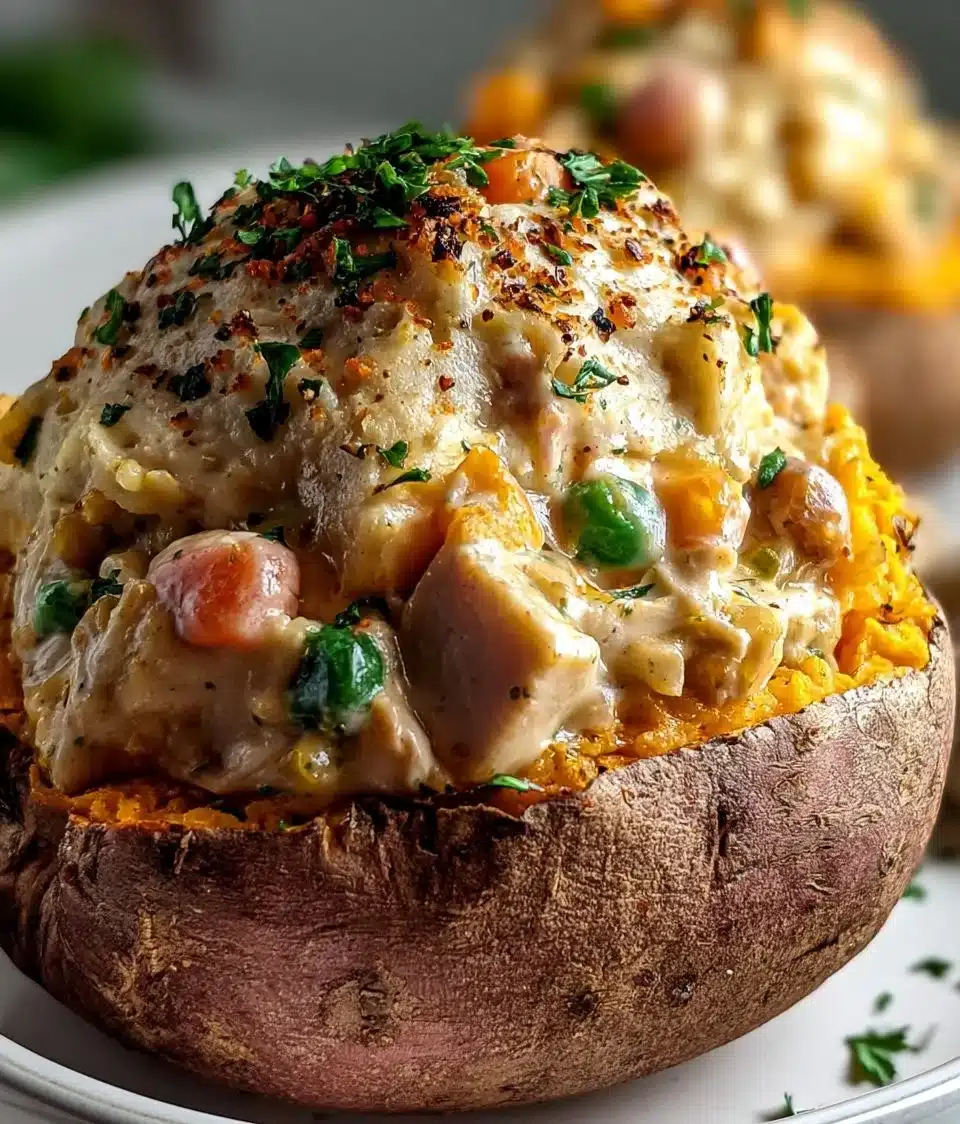 Creamy chicken pot pie stuffed sweet potatoes served on a plate.