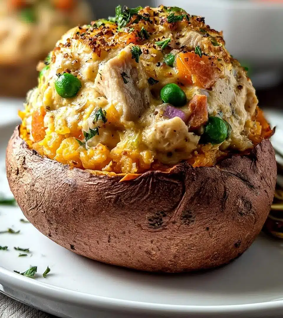 Creamy Chicken Pot Pie Stuffed Sweet Potatoes