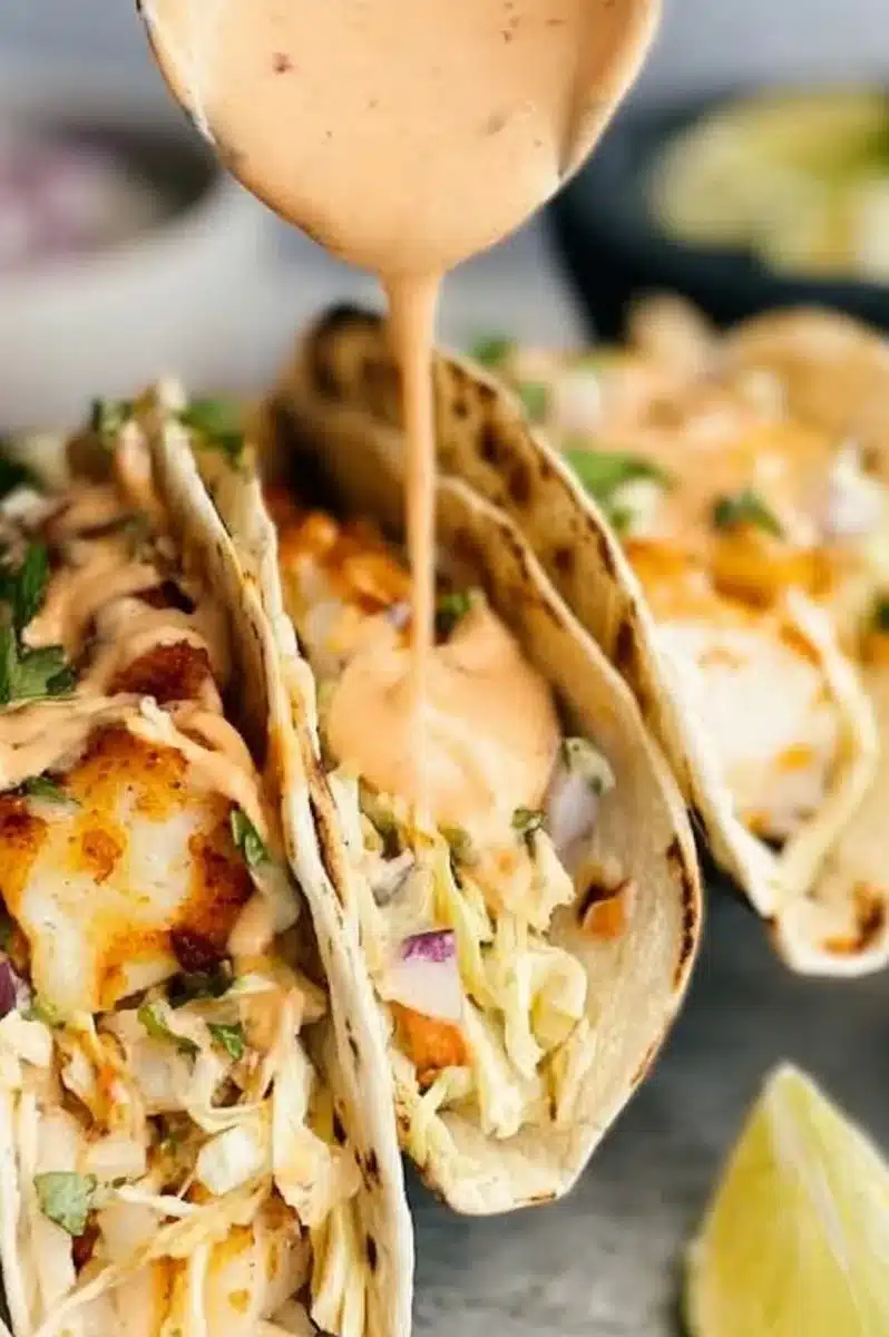 Delicious homemade fish tacos topped with fresh ingredients and sauce