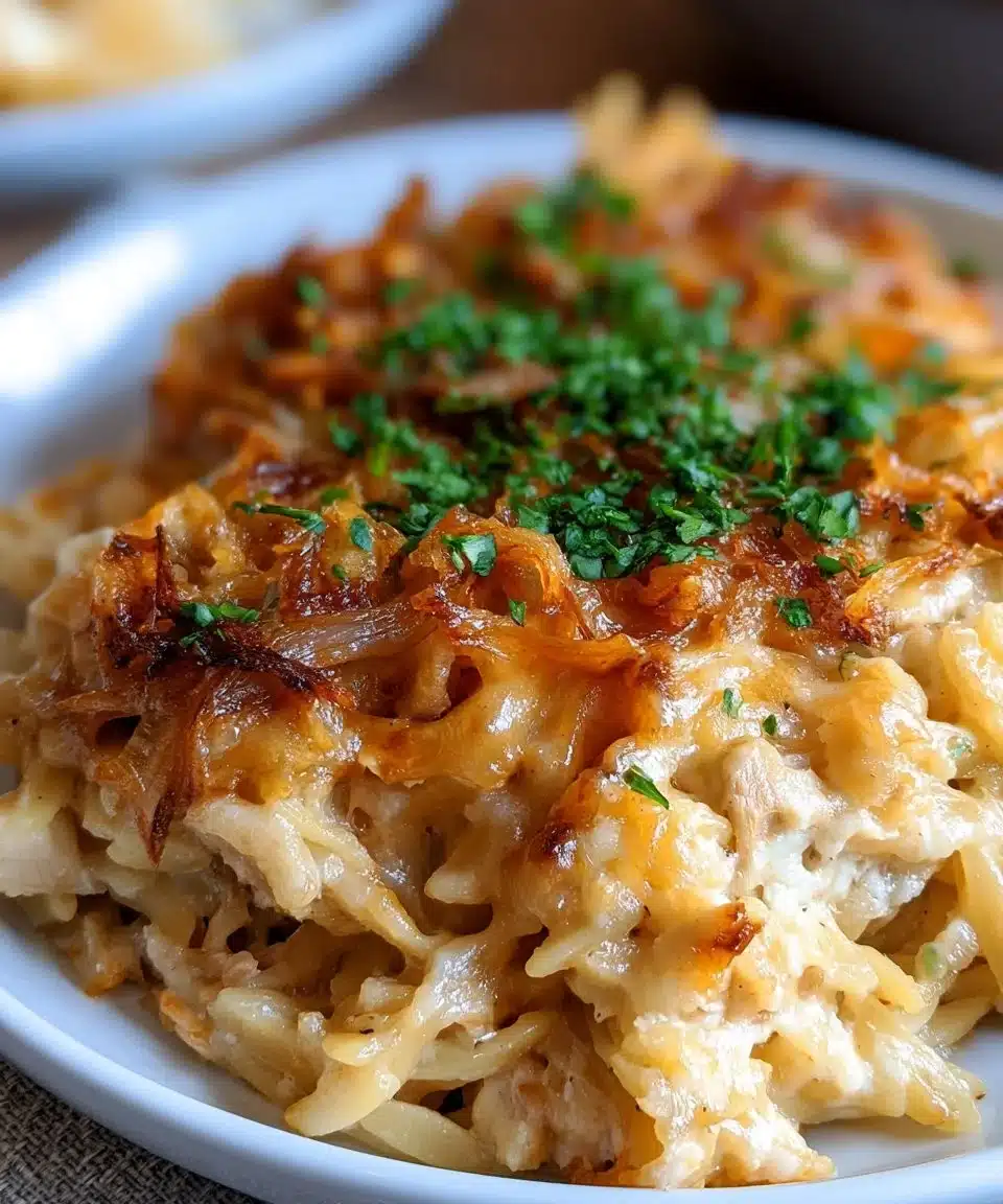 Delicious French onion chicken orzo casserole topped with melted cheese
