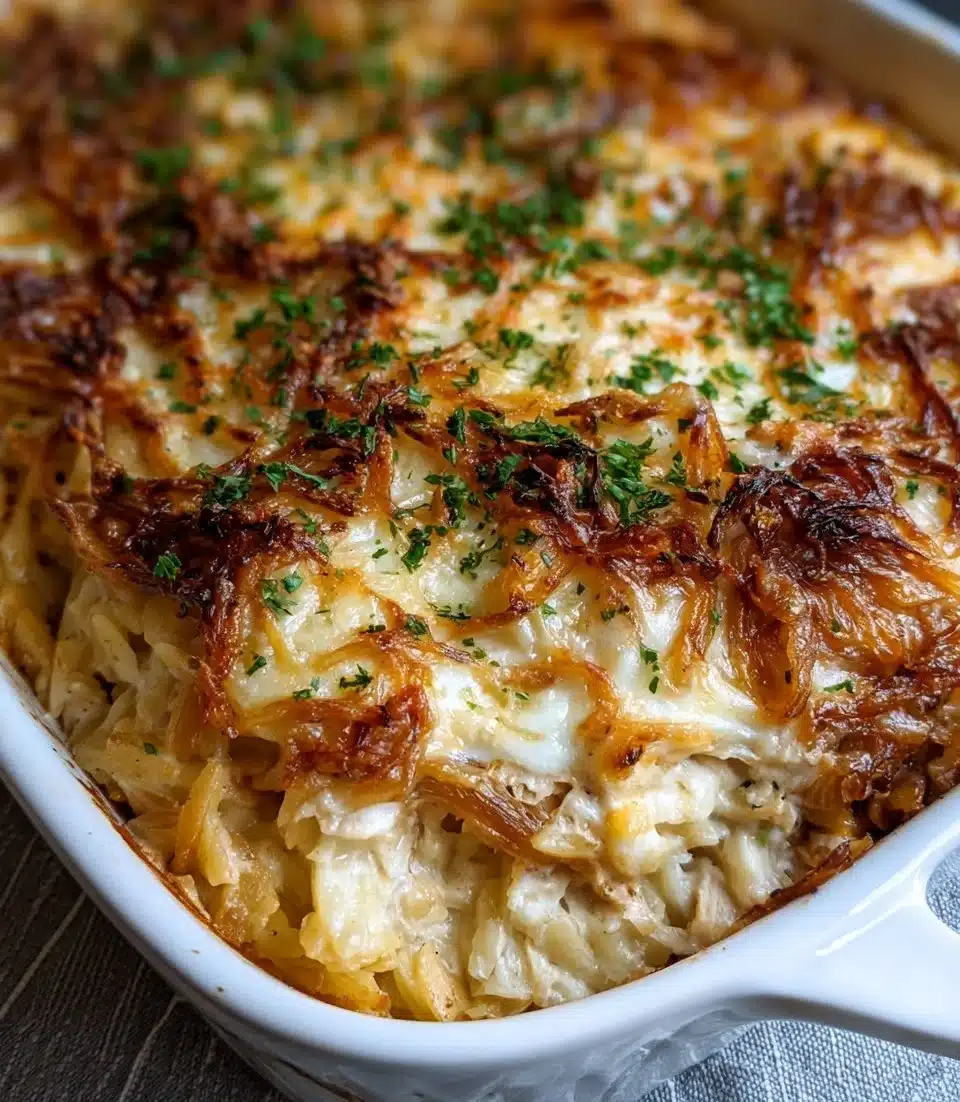 French Onion Chicken Orzo Casserole