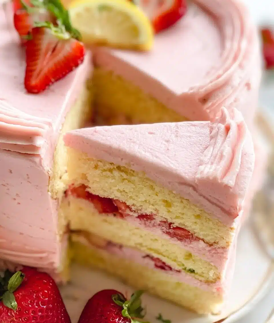 Delicious Fruit Layer Cake with Strawberry Buttercream frosting and fresh fruit layers