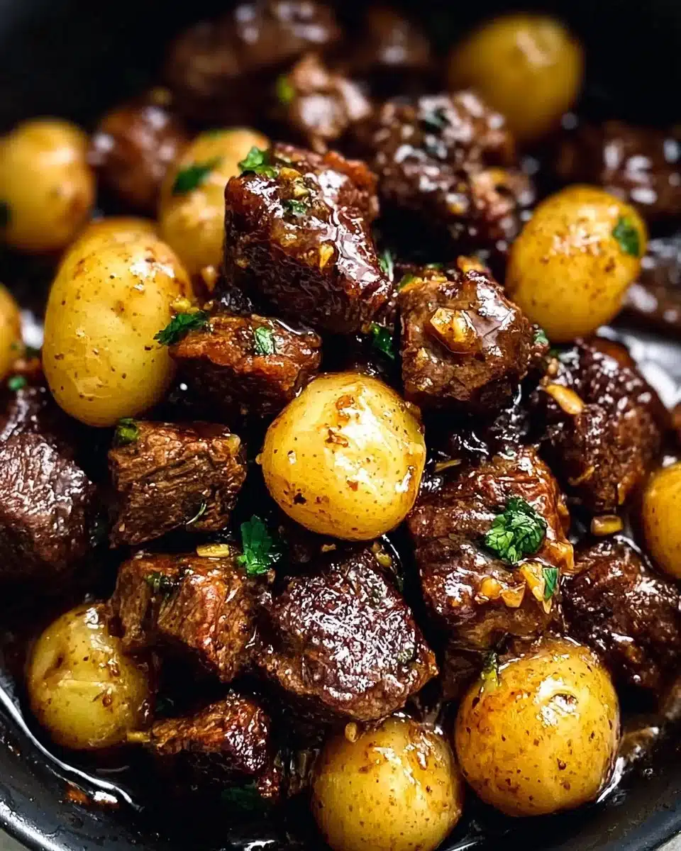 Garlic Butter Beef Bites served with golden potatoes on a white plate