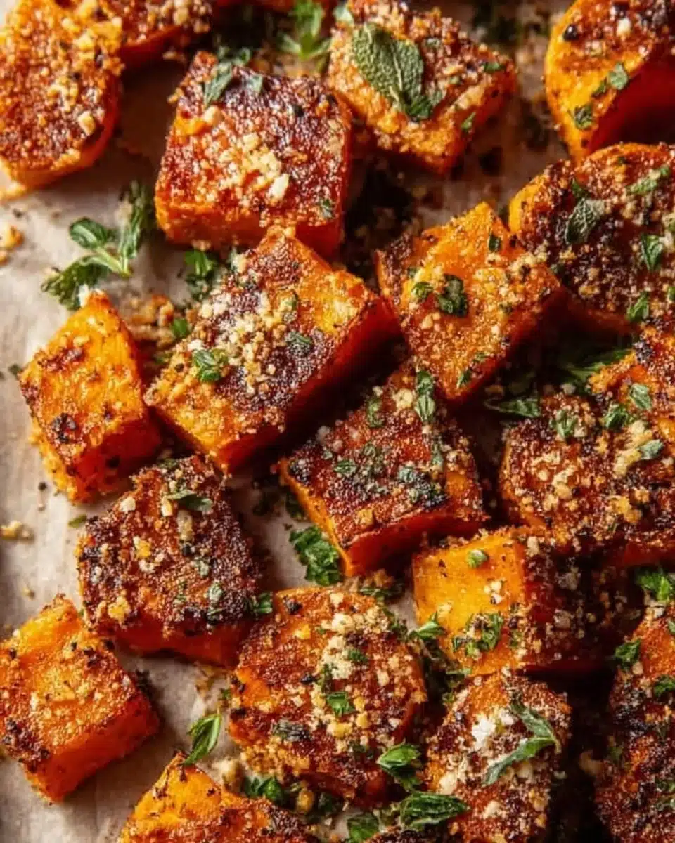 Garlic Parmesan Sweet Potatoes served on a plate