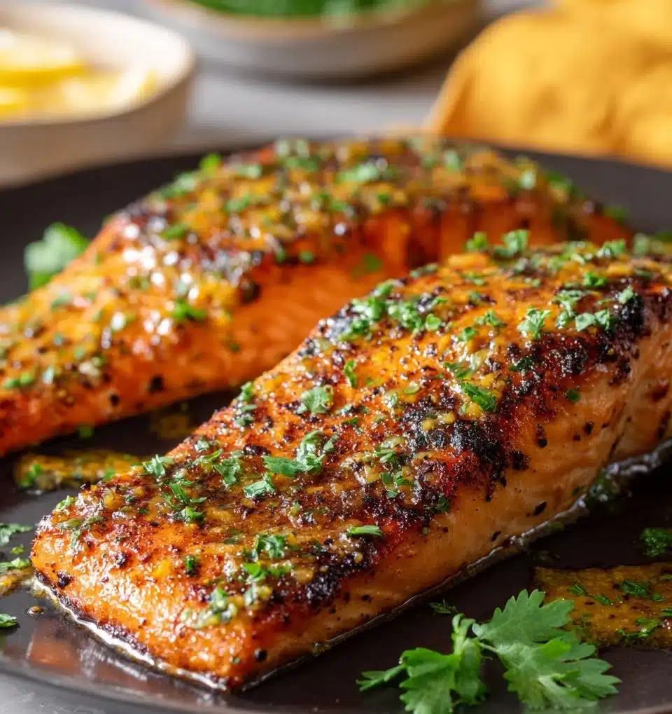 Delicious honey mustard salmon fillet served on a plate with fresh herbs.