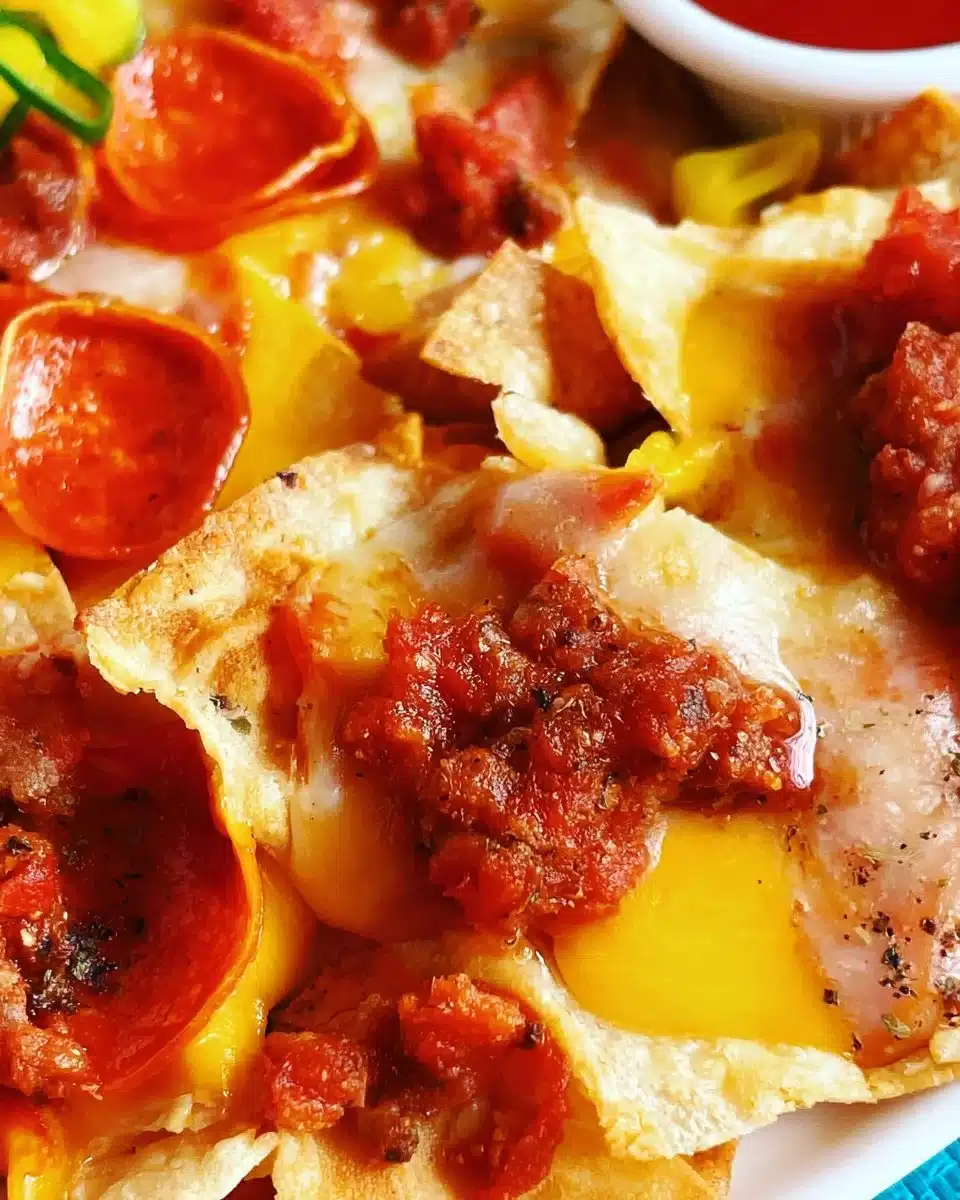 Plate of Italian Nachos topped with marinara, cheese, and herbs