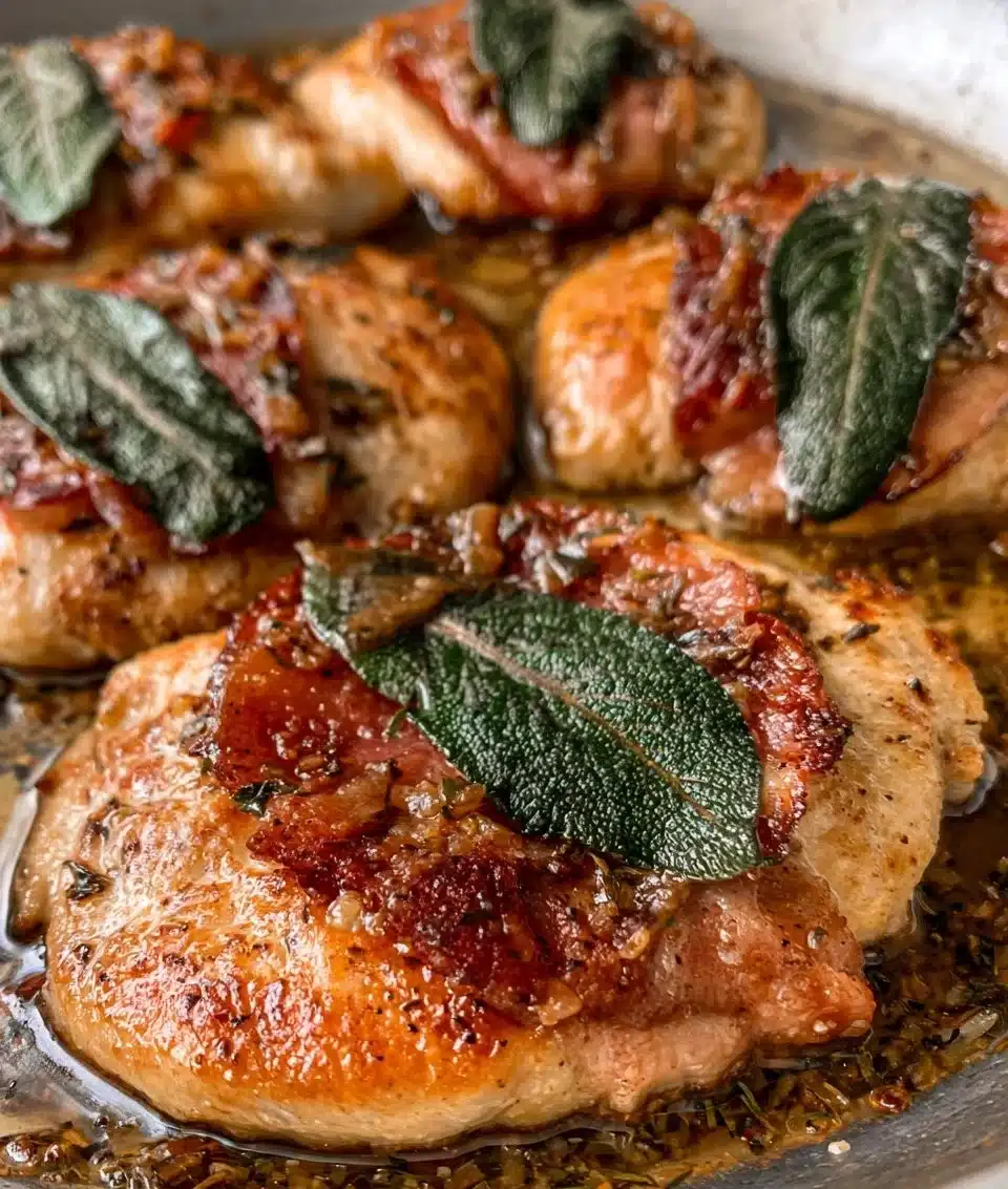 Plate of Italian Sage Chicken Saltimbocca with fresh sage and prosciutto