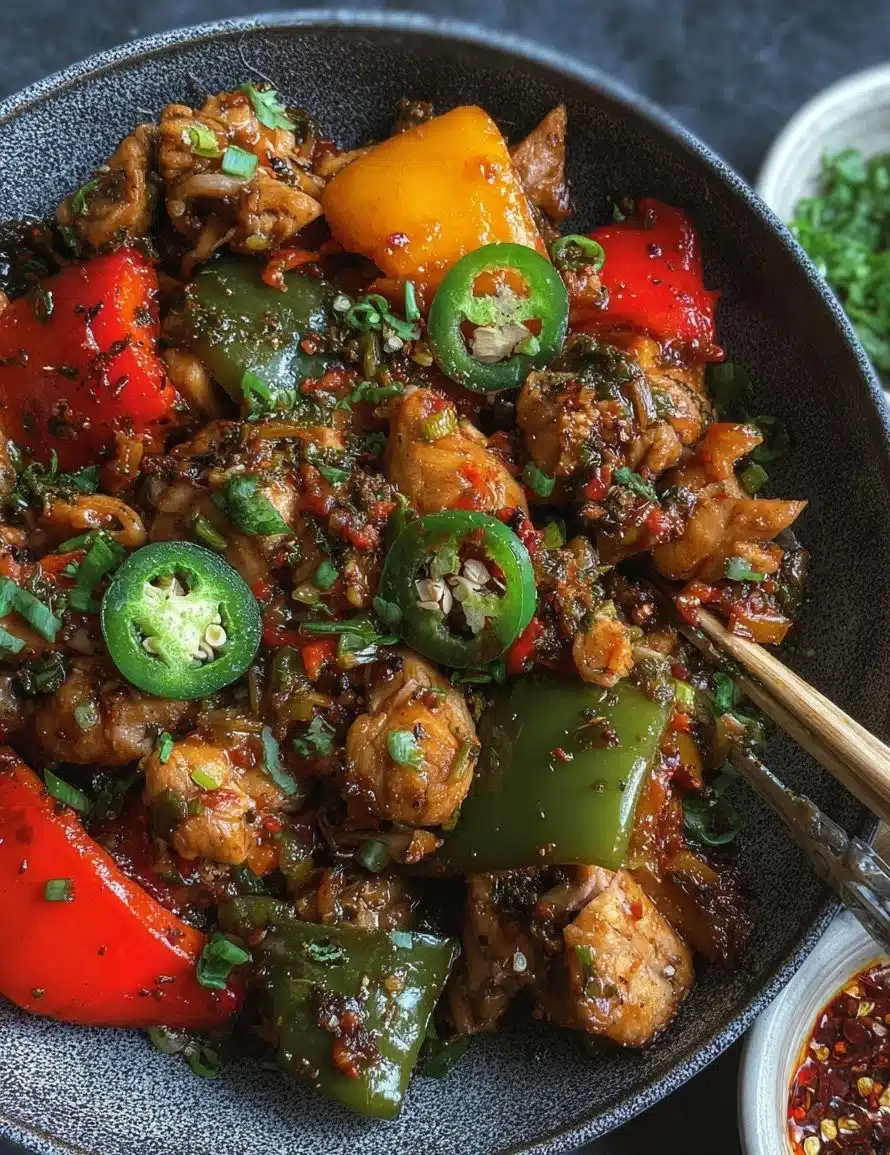 Plate of Jalapeno Chicken with colorful bell peppers