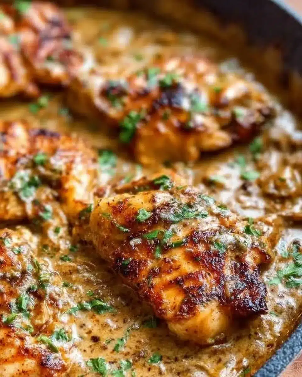 Plate of flavorful mustard chicken with herbs and side vegetables