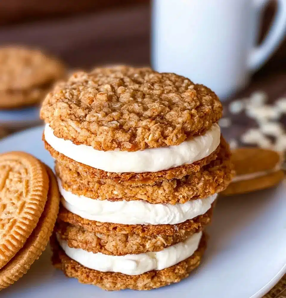Homemade oatmeal cream pies with soft cookies and creamy filling.