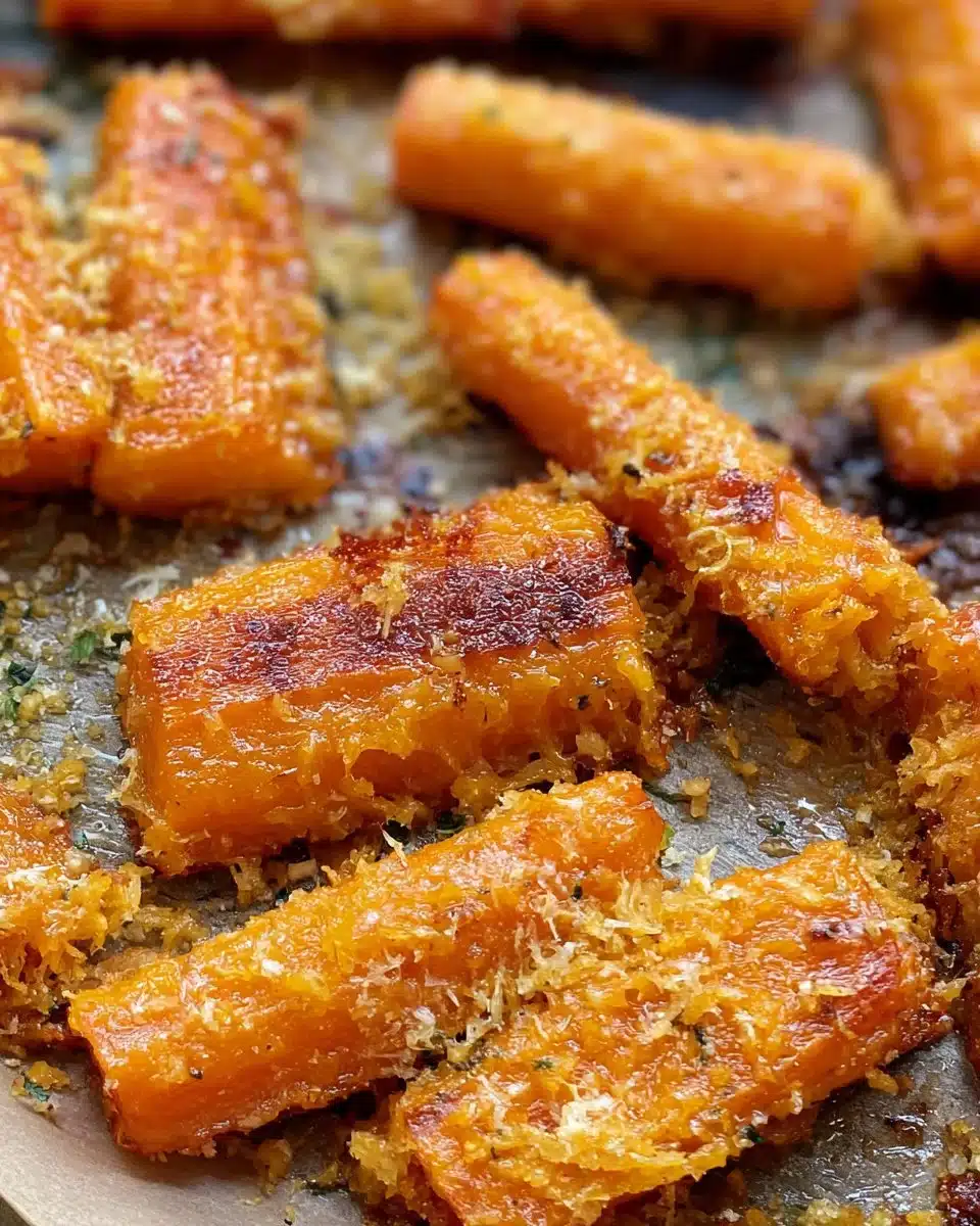 Baked Parmesan Carrots garnished with herbs on a serving plate