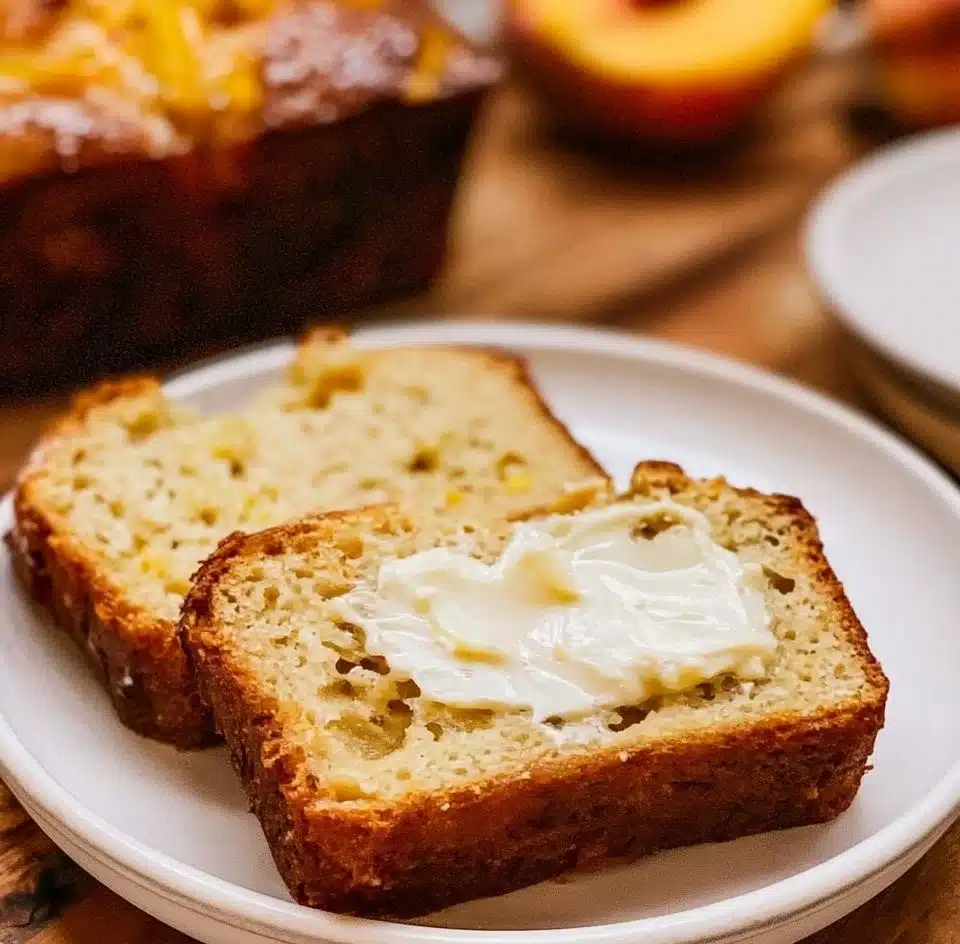 Homemade peach bread with slices showing its moist texture and fresh peach pieces
