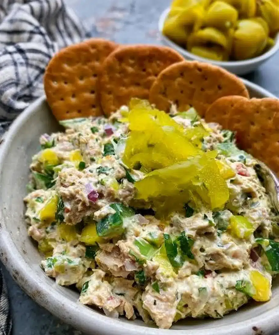Delicious Pepperoncini Tuna Salad served in a bowl, featuring fresh ingredients.