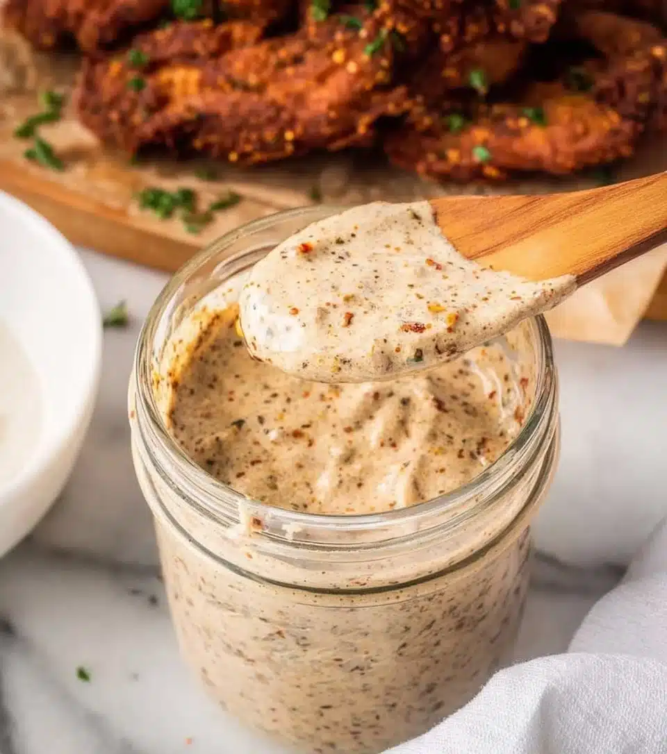 Popeyes Ranch dipping sauce served with crispy chicken