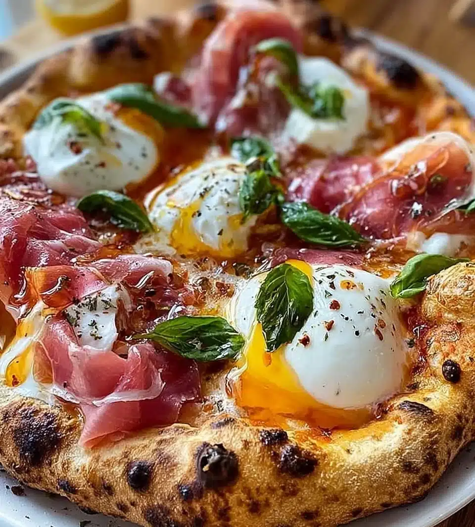 Delicious prosciutto and honey burrata pizza topped with fresh ingredients