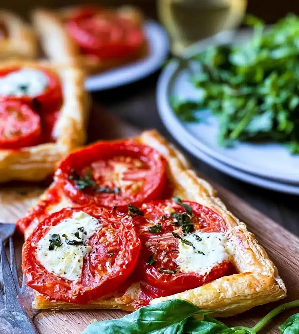 Puff pastry tomato tart garnished with fresh herbs and cheese