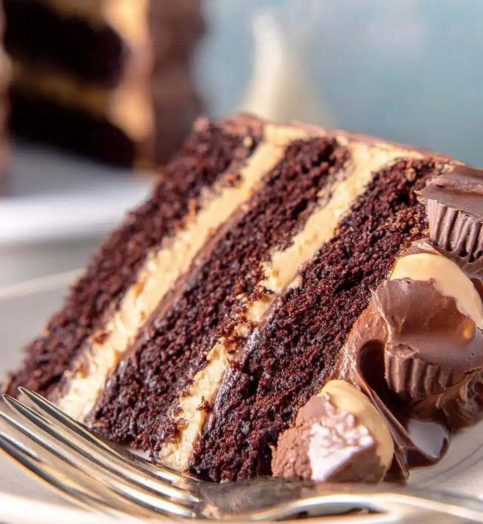 Delicious Reese's chocolate cake topped with peanut butter and chocolate frosting.