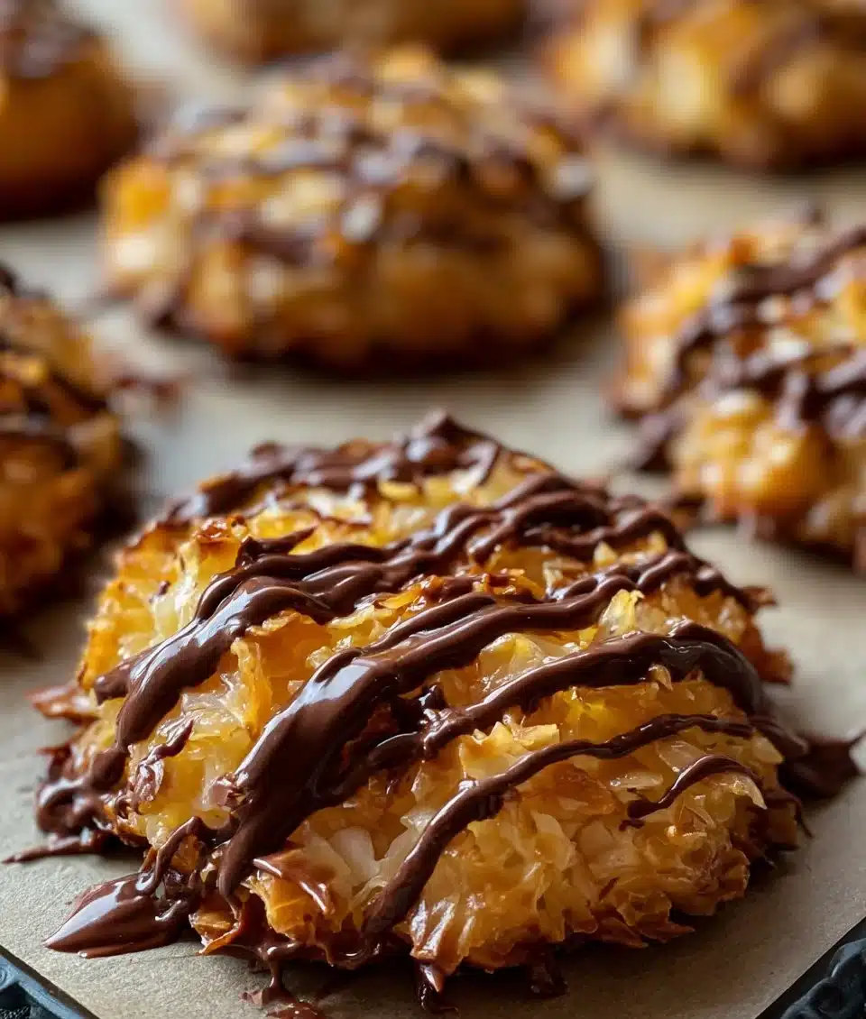 Delicious homemade Samoa Cookies topped with chocolate and coconut