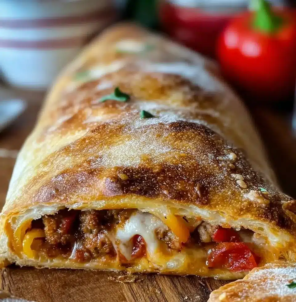 Freshly baked Sausage and Pepper Calzone filled with sausage and bell peppers