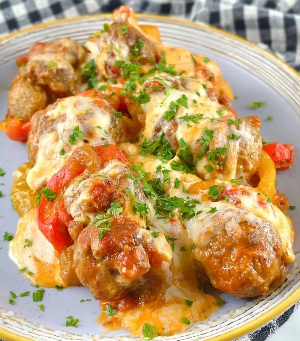 Delicious sausage and peppers dish served with colorful bell peppers