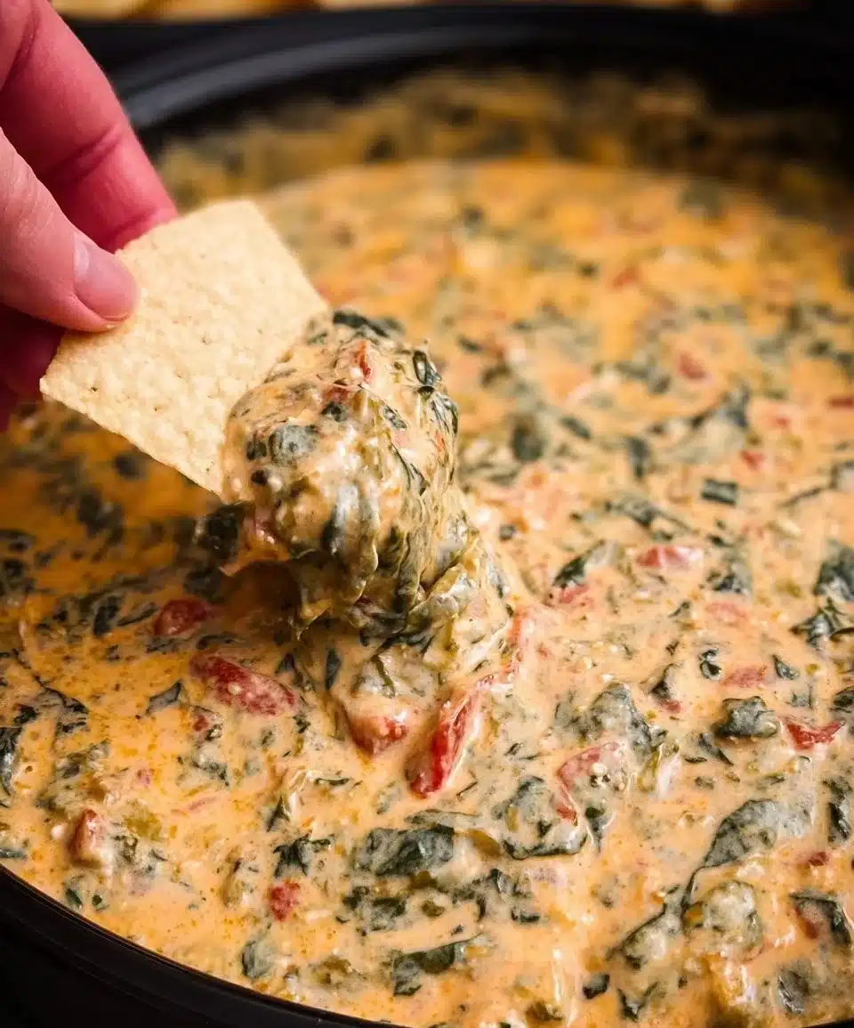 Creamy spinach queso dip served in a bowl with tortilla chips