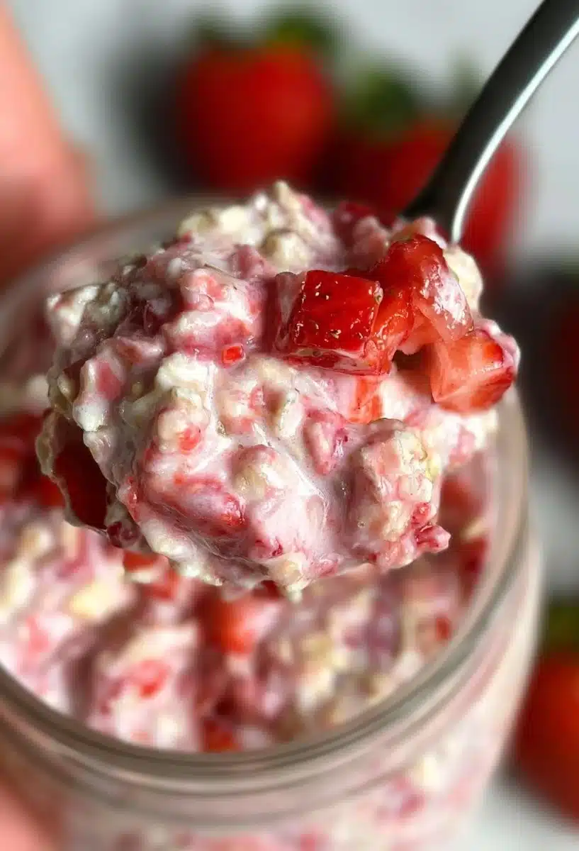 Bowl of Strawberries and Cream Overnight Oats topped with fresh strawberries