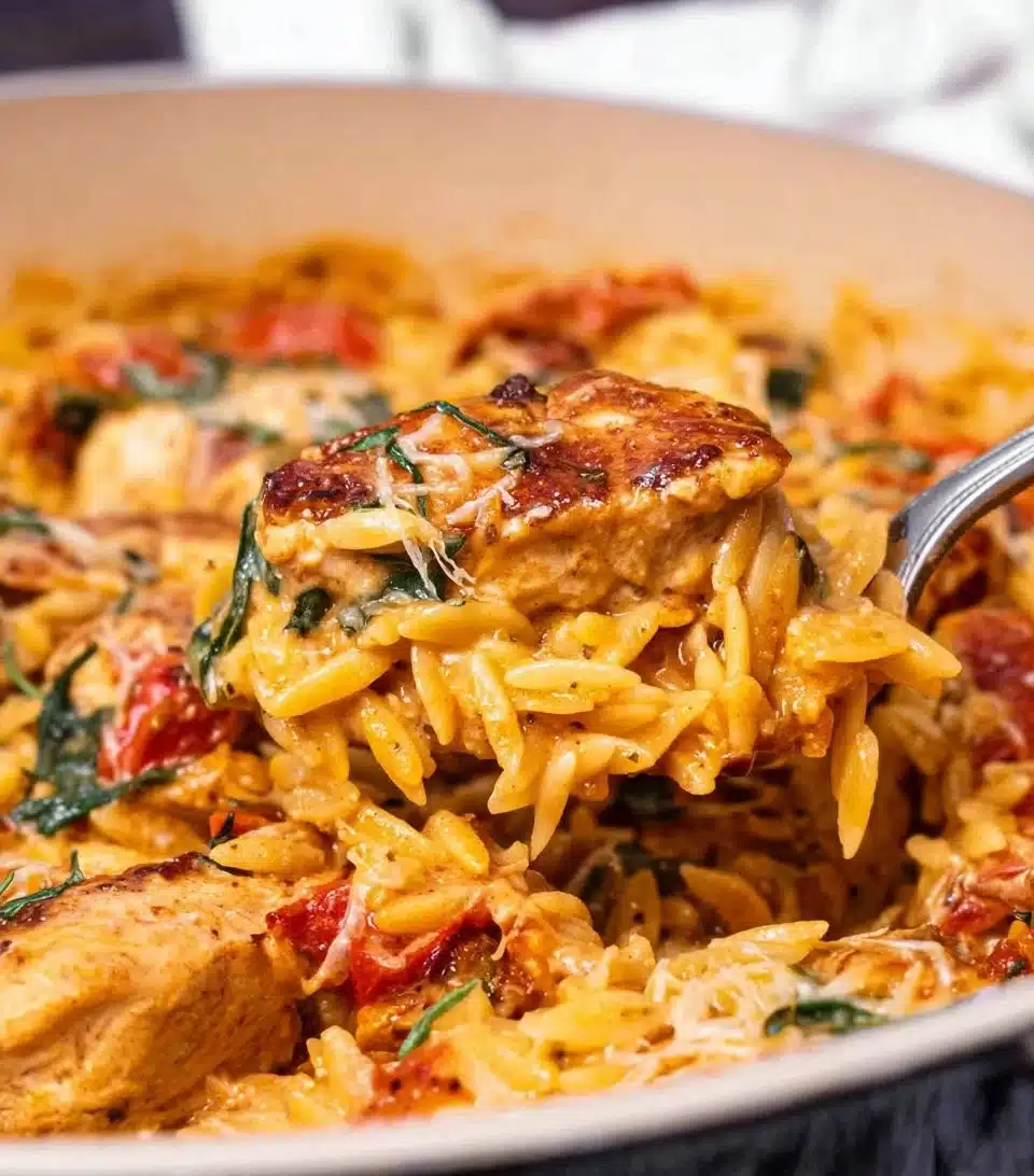 Delicious Sun Dried Tomato Chicken Orzo dish garnished with herbs