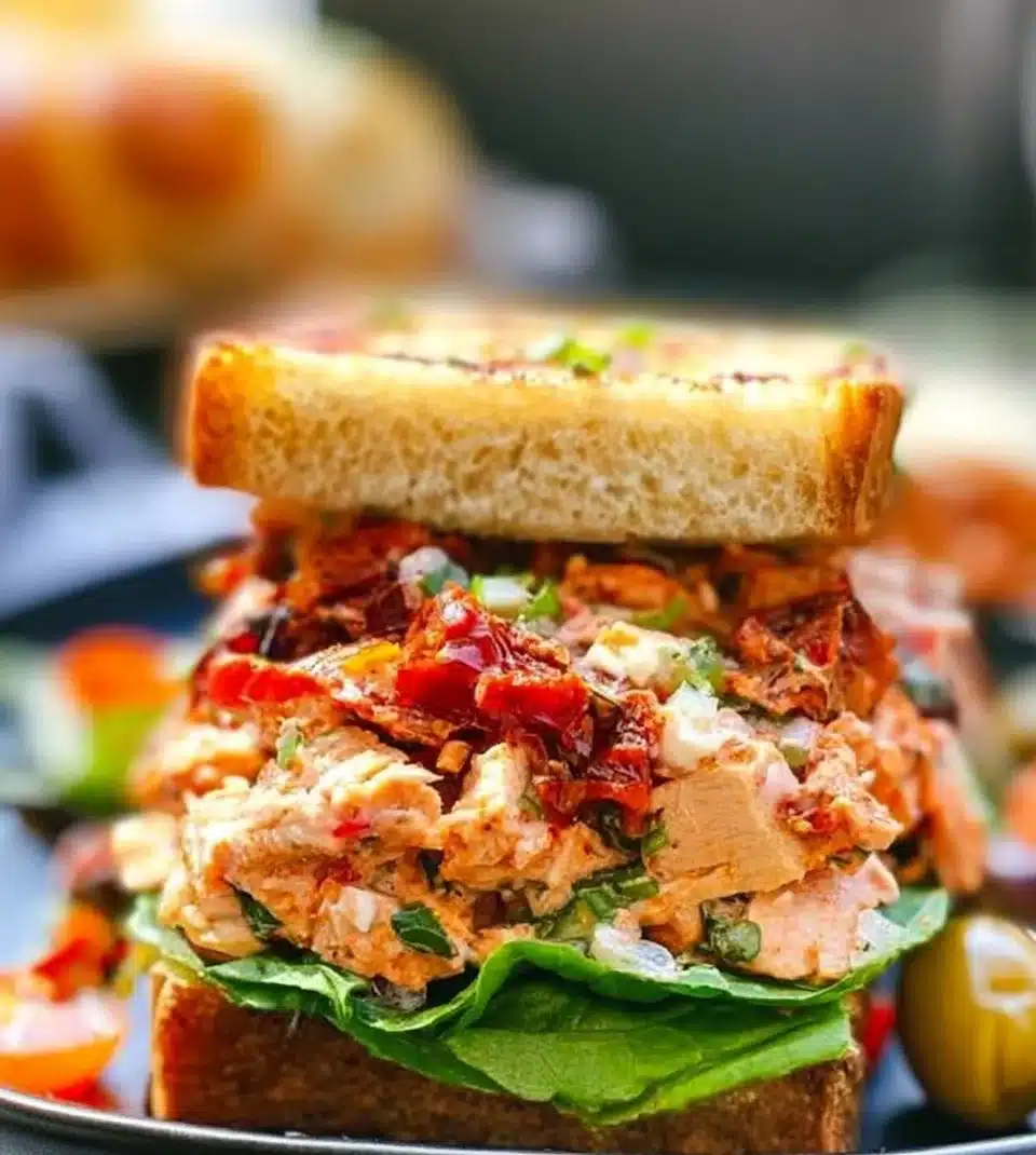 Bowl of Sun Dried Tomato Chicken Salad with fresh ingredients