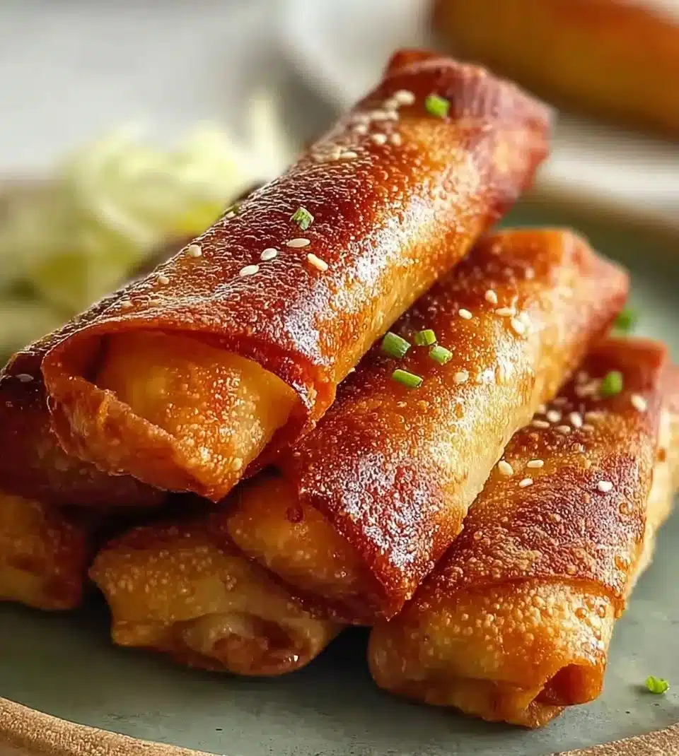 Delicious teriyaki chicken egg rolls fresh out of the fryer