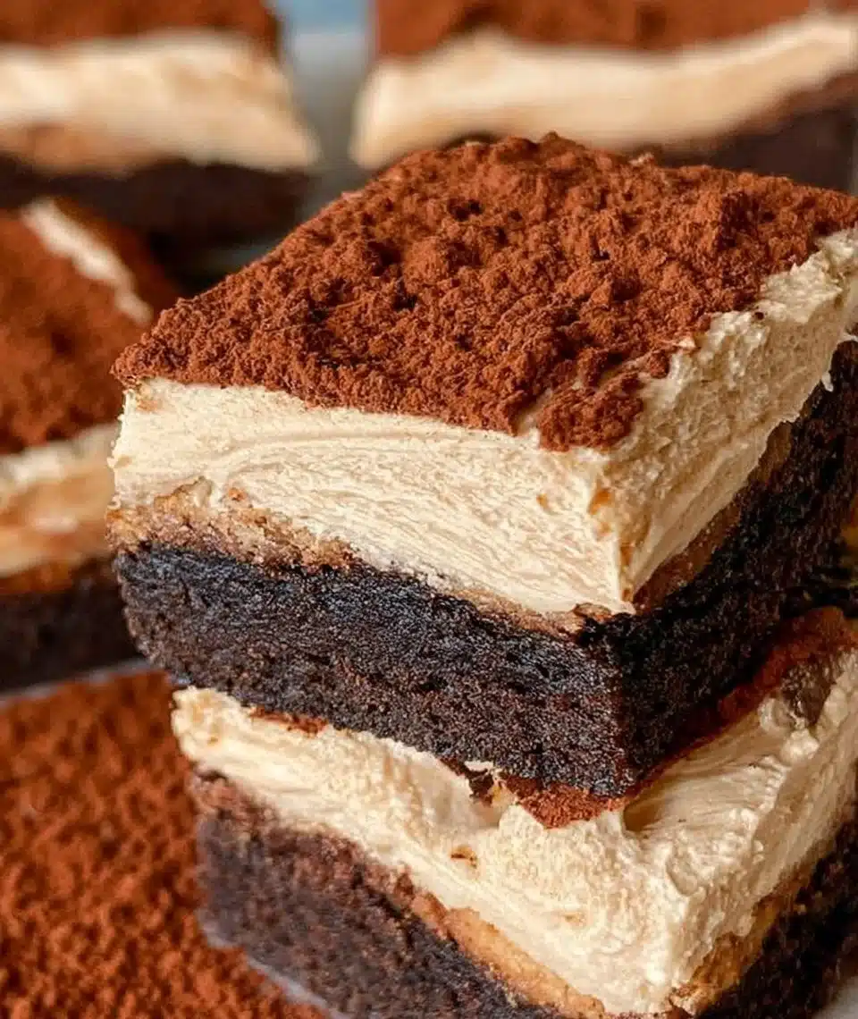Delicious Tiramisu Brownies topped with cocoa and coffee flavors.