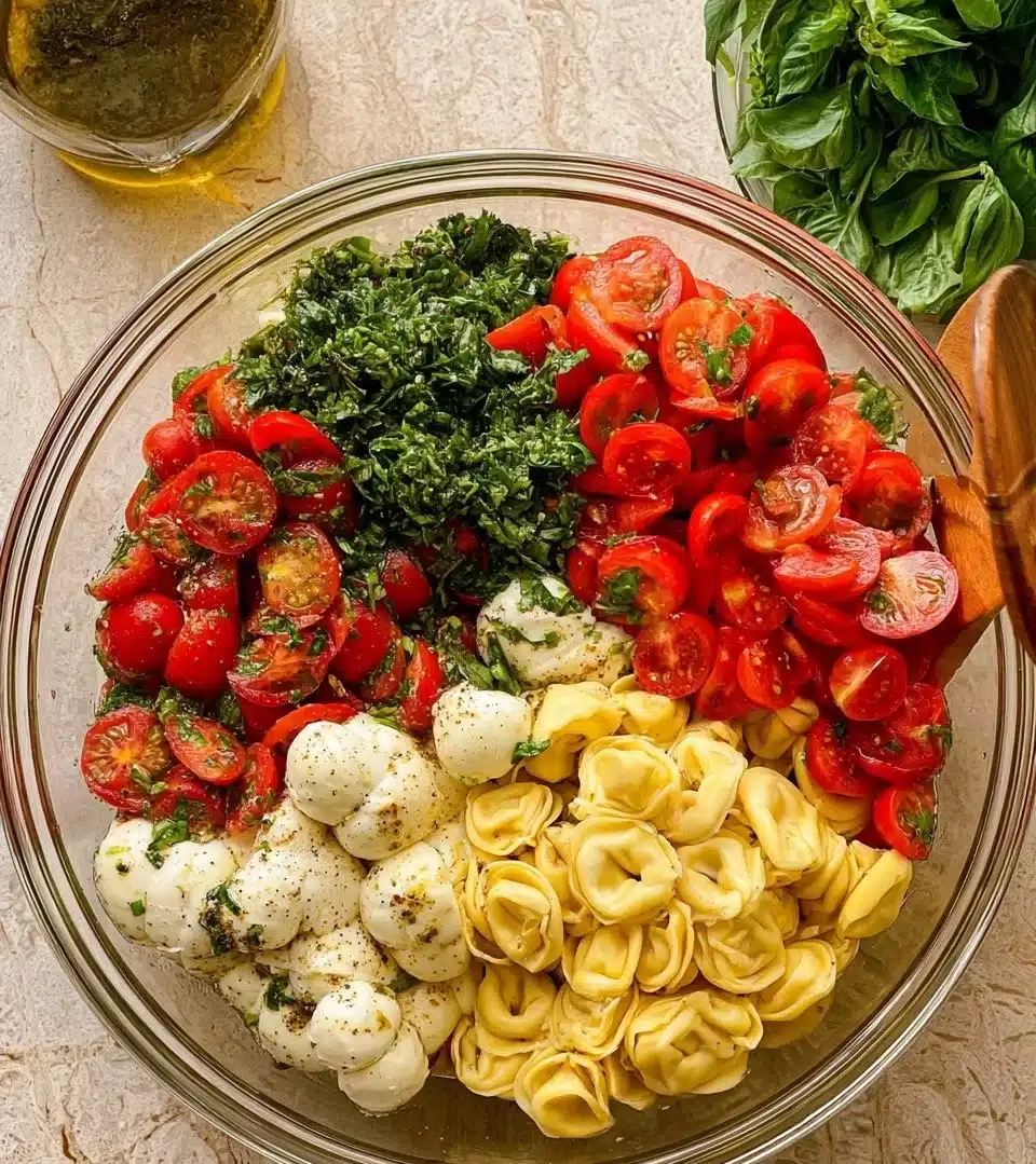 Delicious Tortellini Caprese Salad with fresh ingredients and vibrant colors