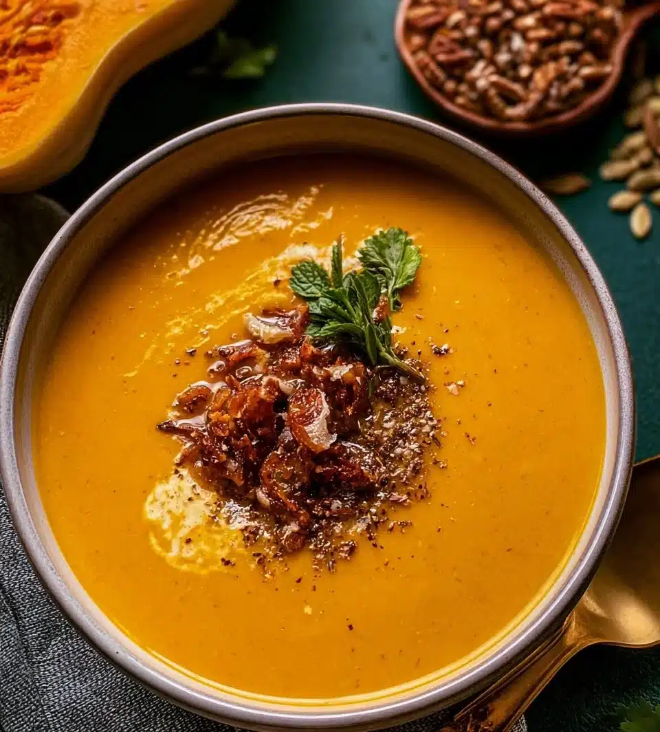 Bowl of creamy Apple Cheddar Sweet Potato Soup garnished with herbs.