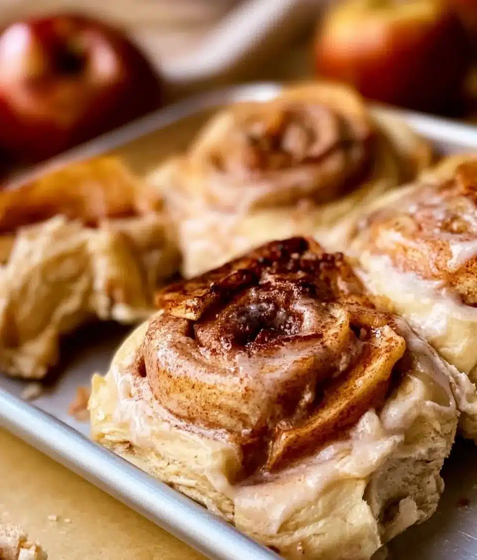 Freshly baked apple pie cinnamon rolls with a glaze on top