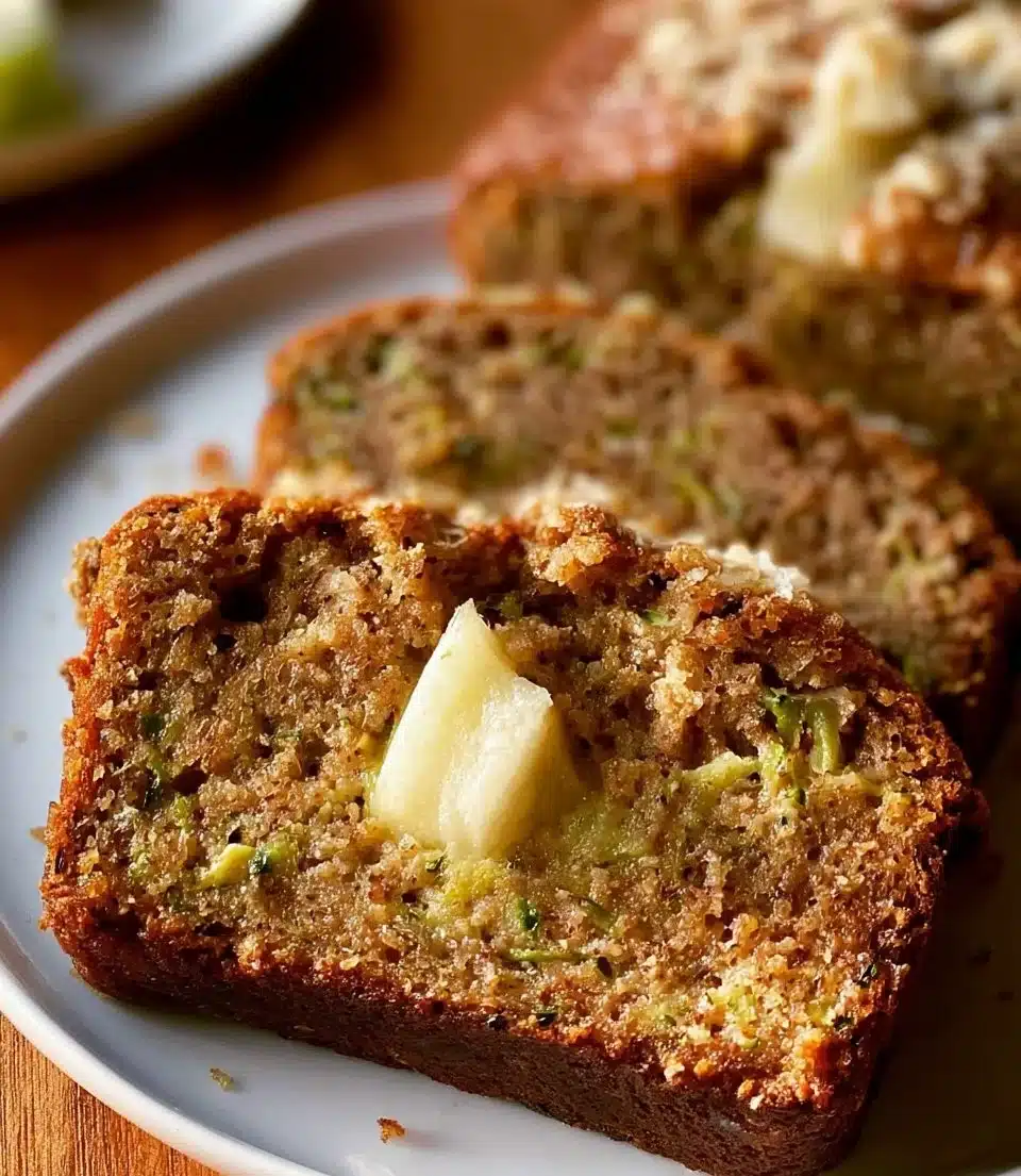 Freshly baked apple zucchini bread loaf on a rustic wooden table