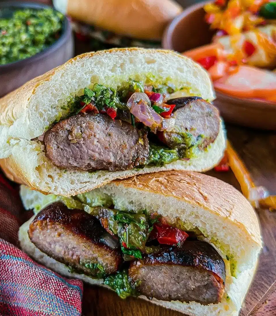 Delicious Argentinian Choripán with sausage on crusty bread